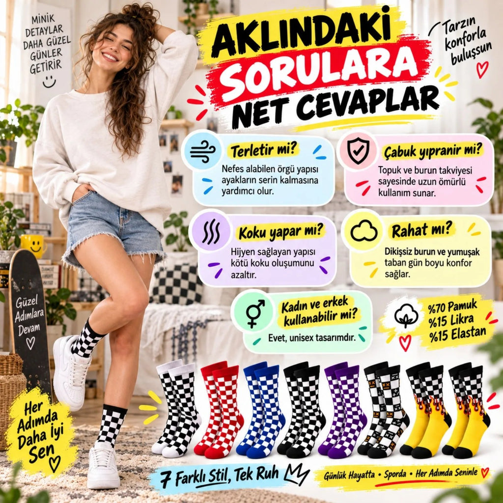 UNİSEX Çorap Dama Desenli Renkli 7'li Set Kareli Alev Desen Uzun Soket Günlük Spor Çorabı
