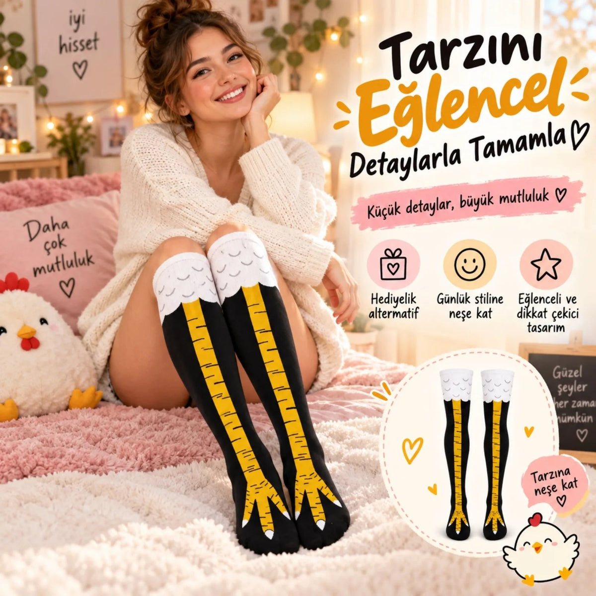 Kadın Diz Üstü Tavuk Ayağı Desenli Çorap Siyah Sarı Uzun Eğlenceli Kostüm Parti Günlük Çorabı Modeli