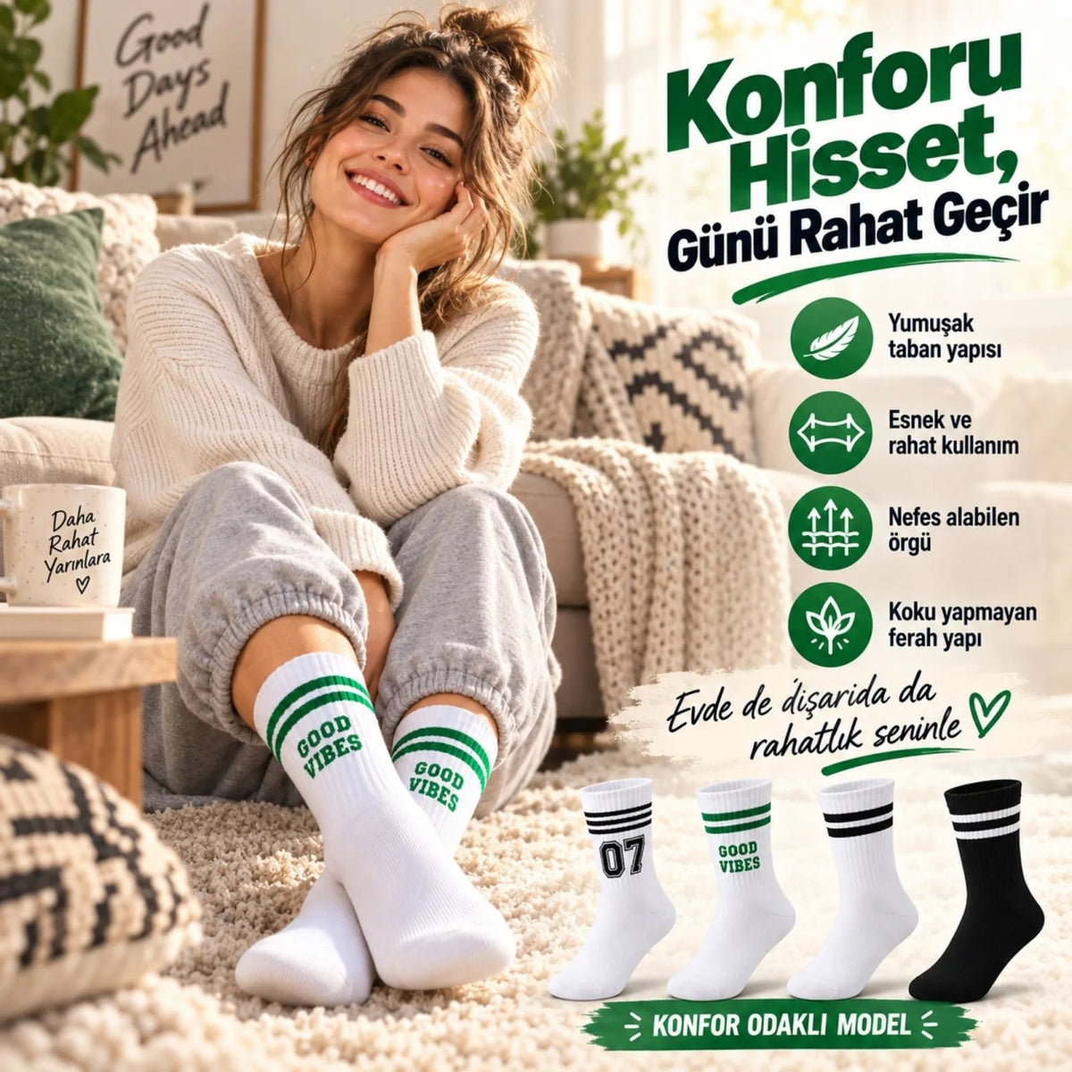Unisex Çorap Çizgili 4'lü Set 07 Good Vibes Yazılı Siyah Beyaz Uzun Soket Spor Kolej Stil Rahat Şık