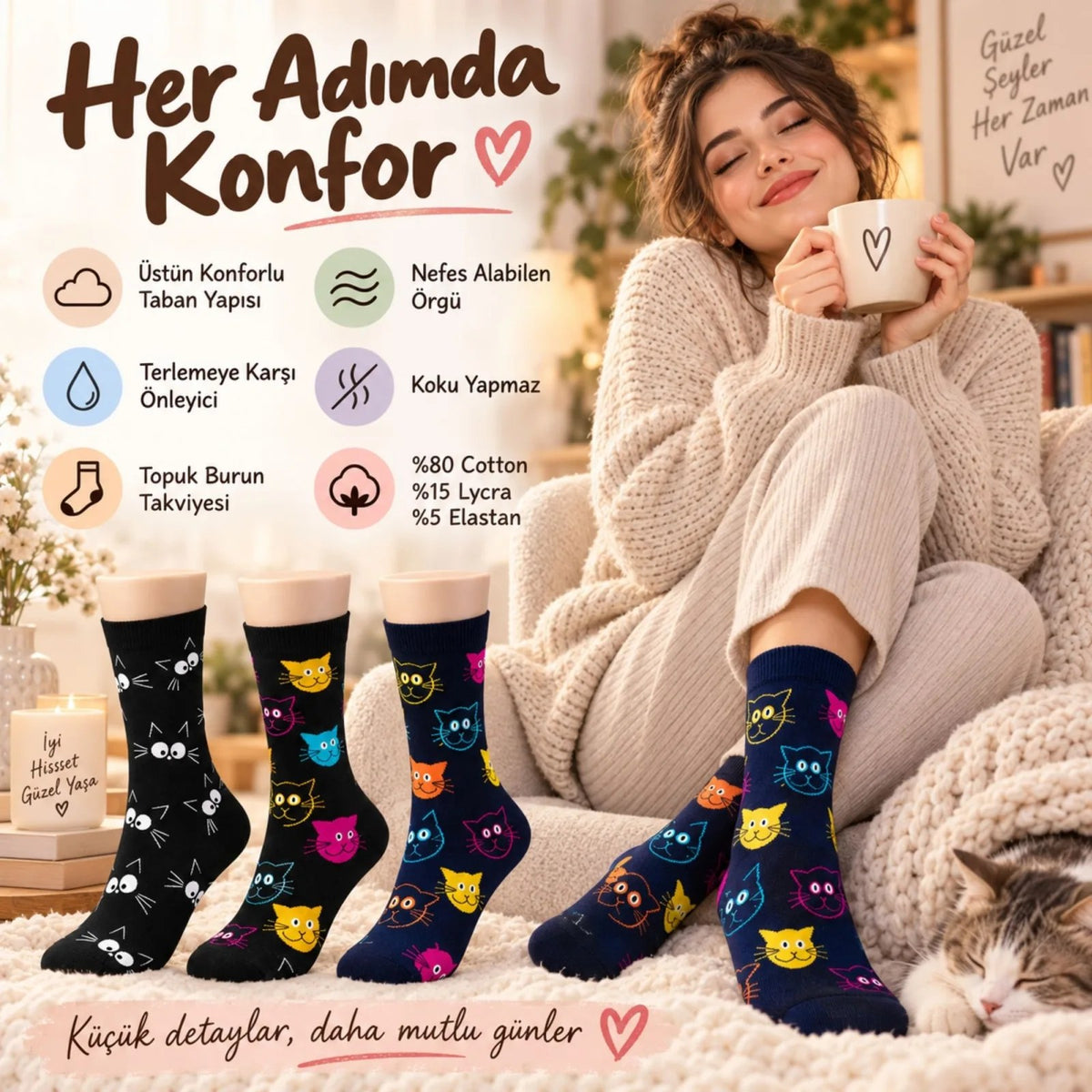 Unisex Kedi Desenli Çorap 6'lı Set Pamuklu Renkli Uzun Soket Dikişsiz Nefes Alan Rahat Günlük Çorap