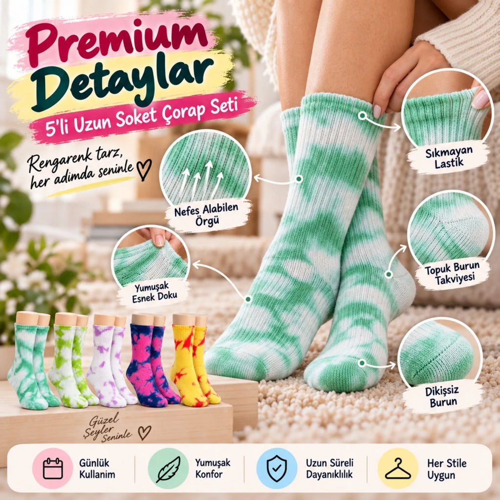 Unisex Batik Desenli Çorap 5'li Set Renkli Pamuklu Uzun Soket Dikişsiz Nefes Alan Günlük Spor Çorabı