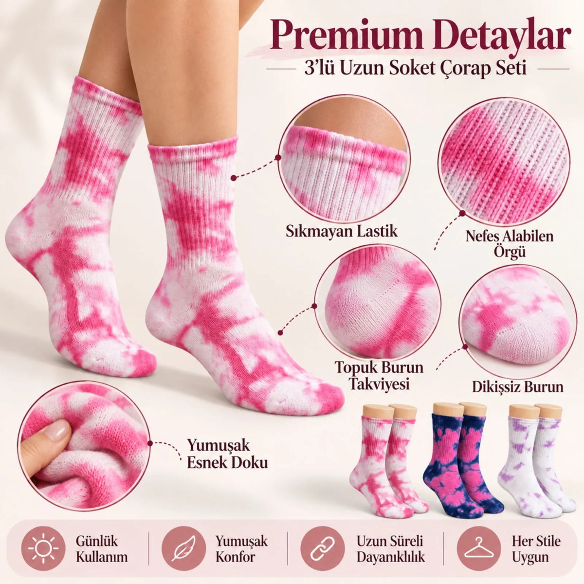 Unisex Batik Desenli Çorap 6'lı Set Pamuklu Renkli Uzun Soket Dikişsiz Nefes Alan Günlük Spor Çorabı