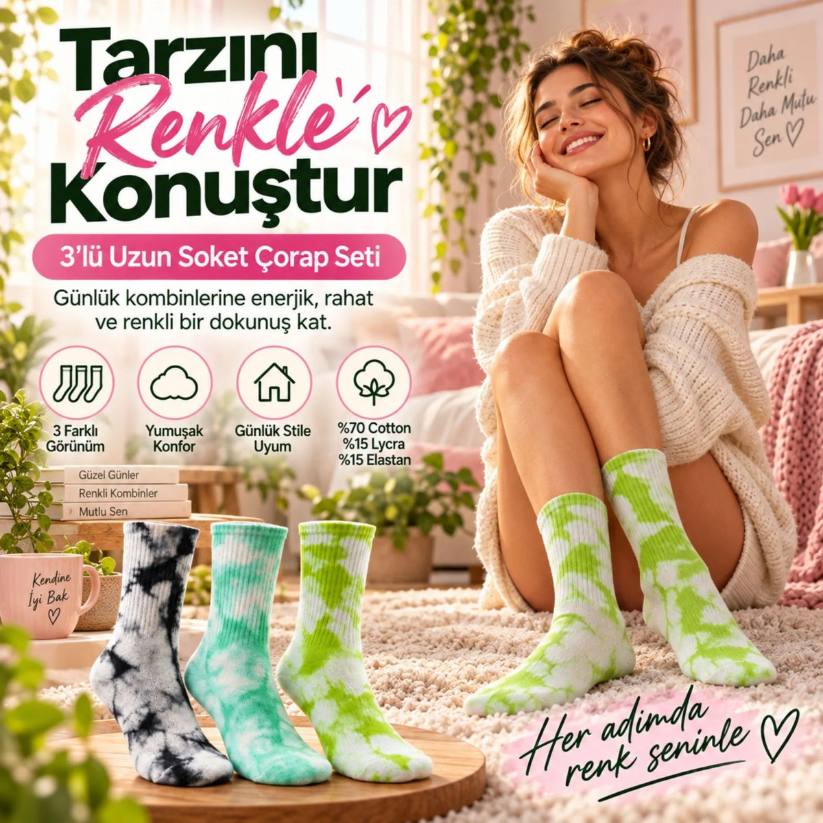 Unisex Batik Desenli Çorap 3'lü Set Renkli Pamuklu Uzun Soket Dikişsiz Nefes Alan Günlük Spor Çorabı