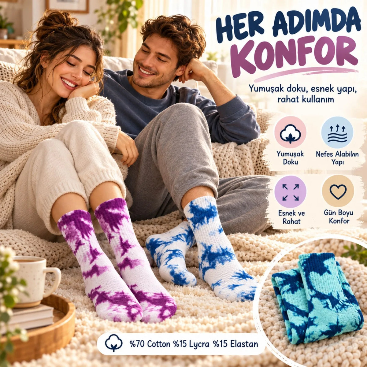 Unisex Batik Desenli Çorap 3'lü Set Pamuklu Renkli Uzun Soket Dikişsiz Nefes Alan Spor Çorabı Günlük