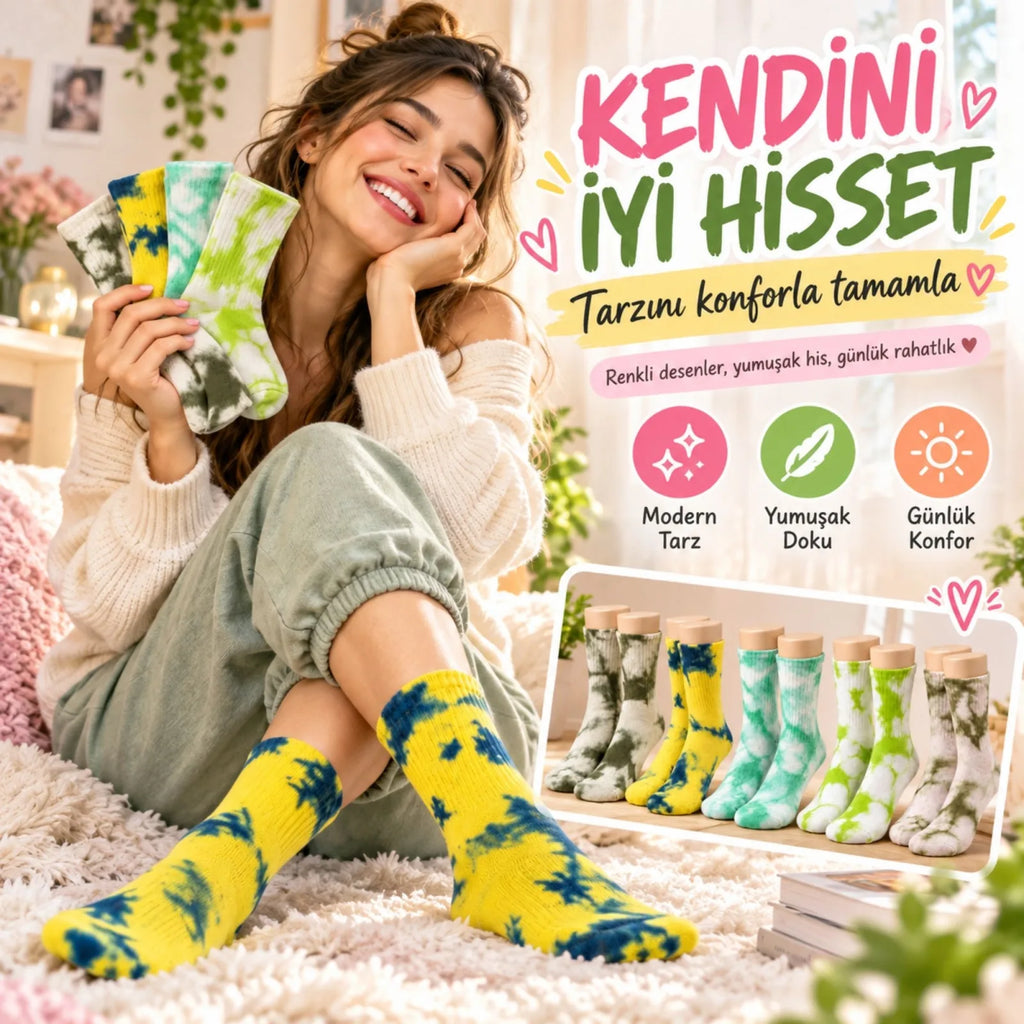 Unisex Batik Desenli Çorap 10'lu Set Pamuklu Renkli Uzun Soket Dikişsiz Nefes Alan Günlük Spor Çorabı