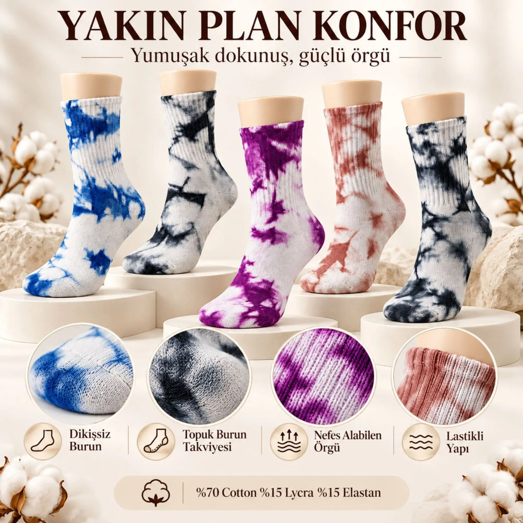 Unisex Batik Desenli Çorap 5'li Set Pamuklu Renkli Uzun Soket Dikişsiz Nefes Alan Günlük Spor Çorabı