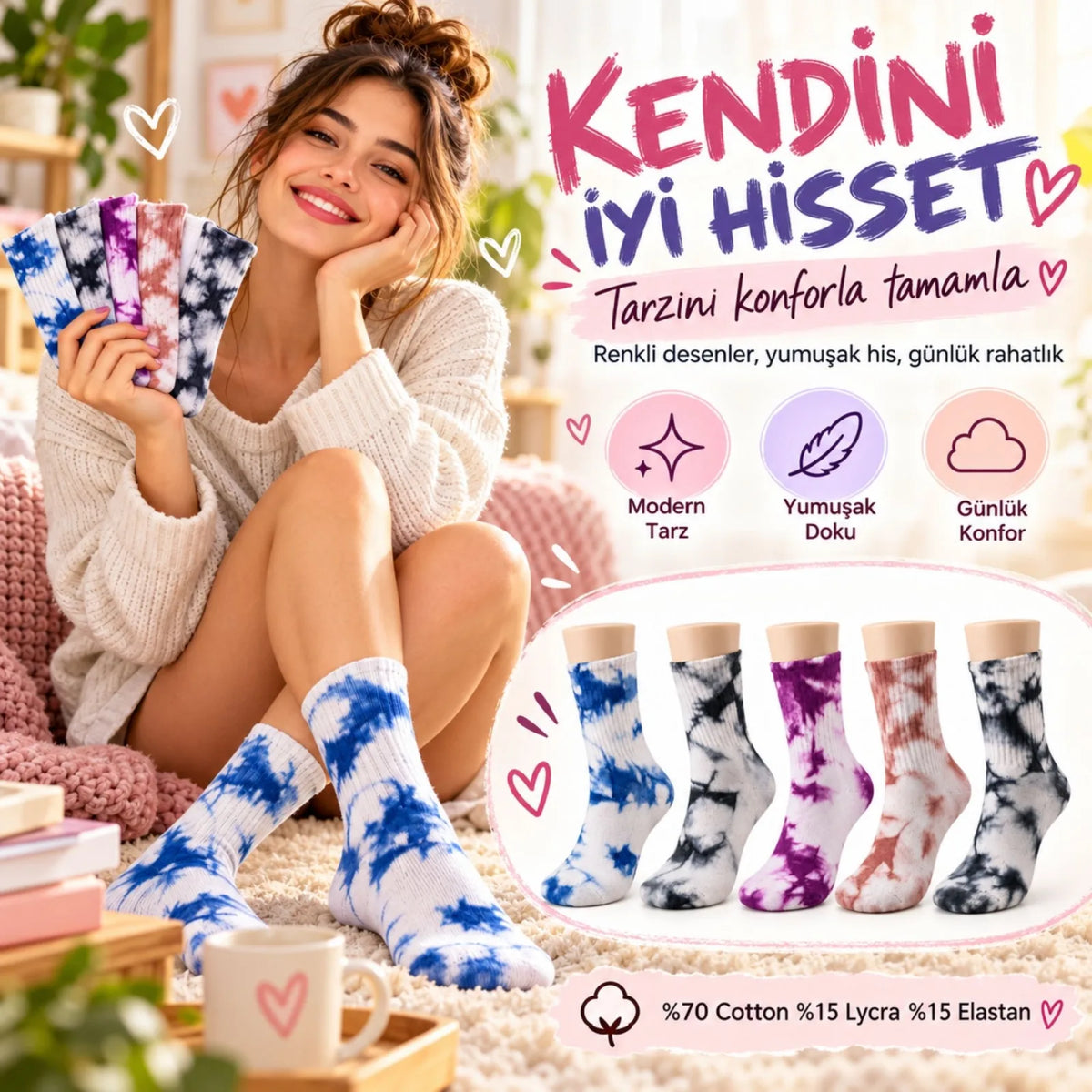 Unisex Batik Desenli Çorap 10'lu Set Pamuklu Renkli Uzun Soket Dikişsiz Nefes Alan Günlük Spor Çorabı