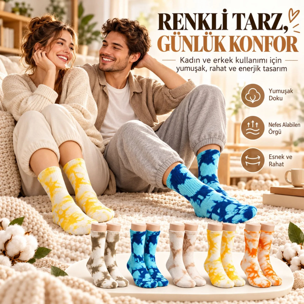 Unisex Batik Desenli Çorap 5'li Set Pamuklu Renkli Uzun Soket Dikişsiz Nefes Alan Günlük Spor Çorabı