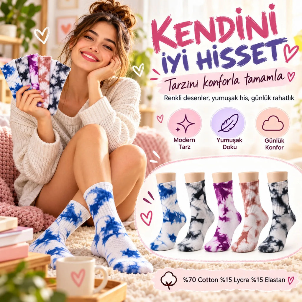 Unisex Batik Spor Çorap 10'lu Set Tie Dye Tenis Çorabı Koyu Retro Renkler Günlük Rahat Konforlu Stil