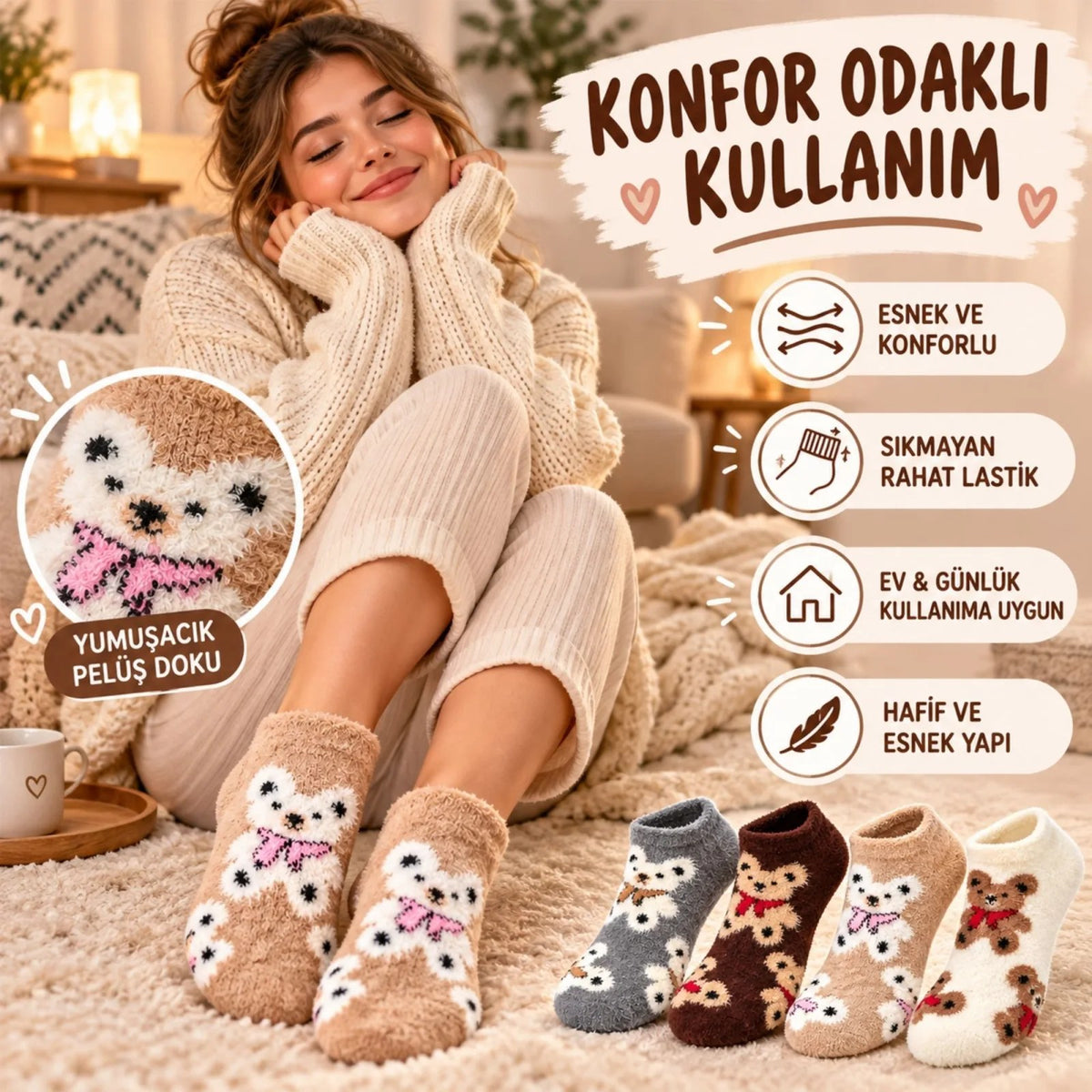 Kadın Ayıcık Desenli Yumoş Patik Çorap 4'lü Set Peluş Yumuşak Sıcak Parfümlü Kışlık Rahat Çorap Seti