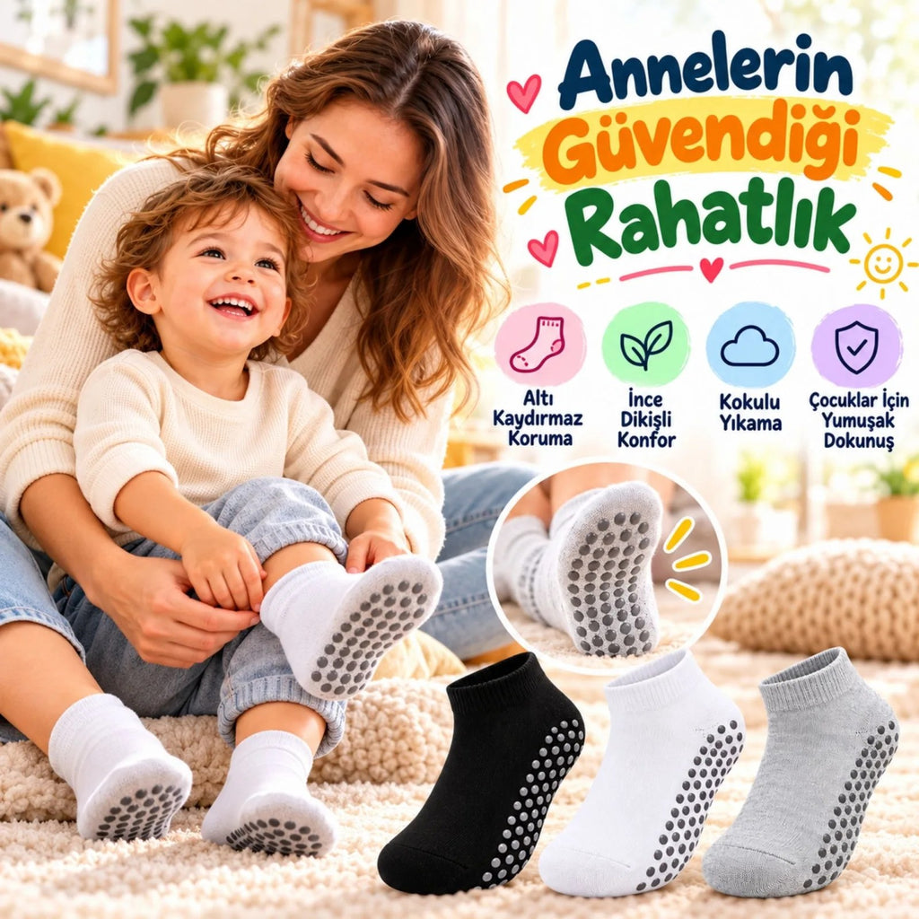 Çocuk Kaydırmaz Tabanlı Patik Çorap 3'lü Set Siyah Beyaz Gri Yumuşak Esnek Kokulu Günlük Çorap Rahat
