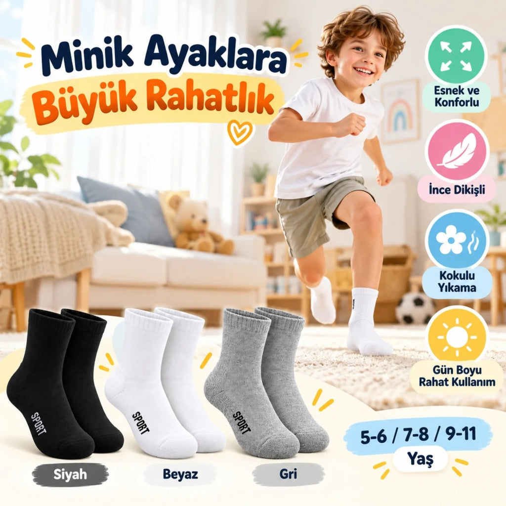 Çocuk Spor Çorap 6'lı Set Siyah Beyaz Gri İnce Dikişli Kokulu Yıkama Yumuşak Esnek Günlük Çorap Seti