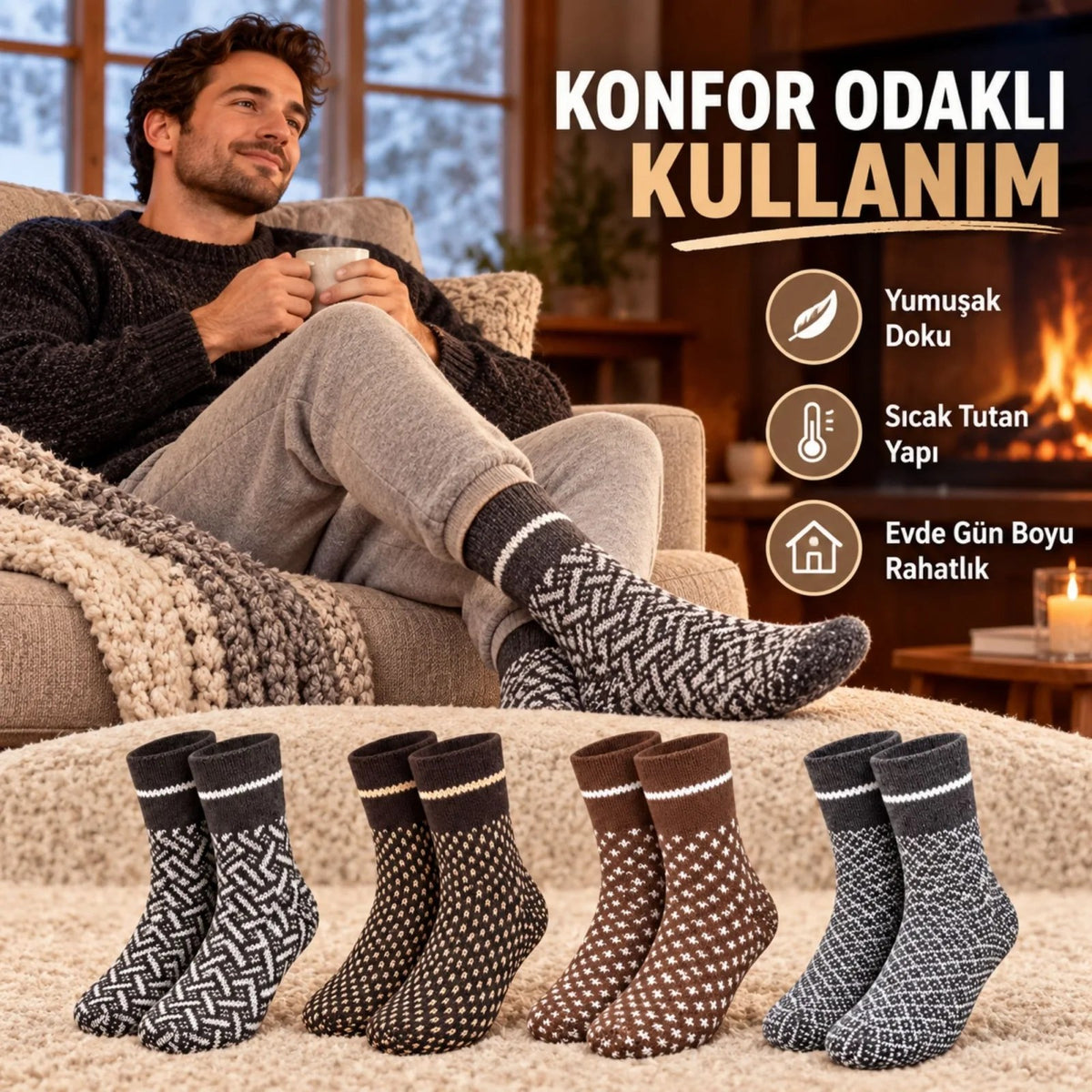 Erkek Kışlık Desenli Çorap 4'lü Seti Sıcak Tutan Yumuşak Rahat Günlük Renkli Uzun Soket Çorap Paketi