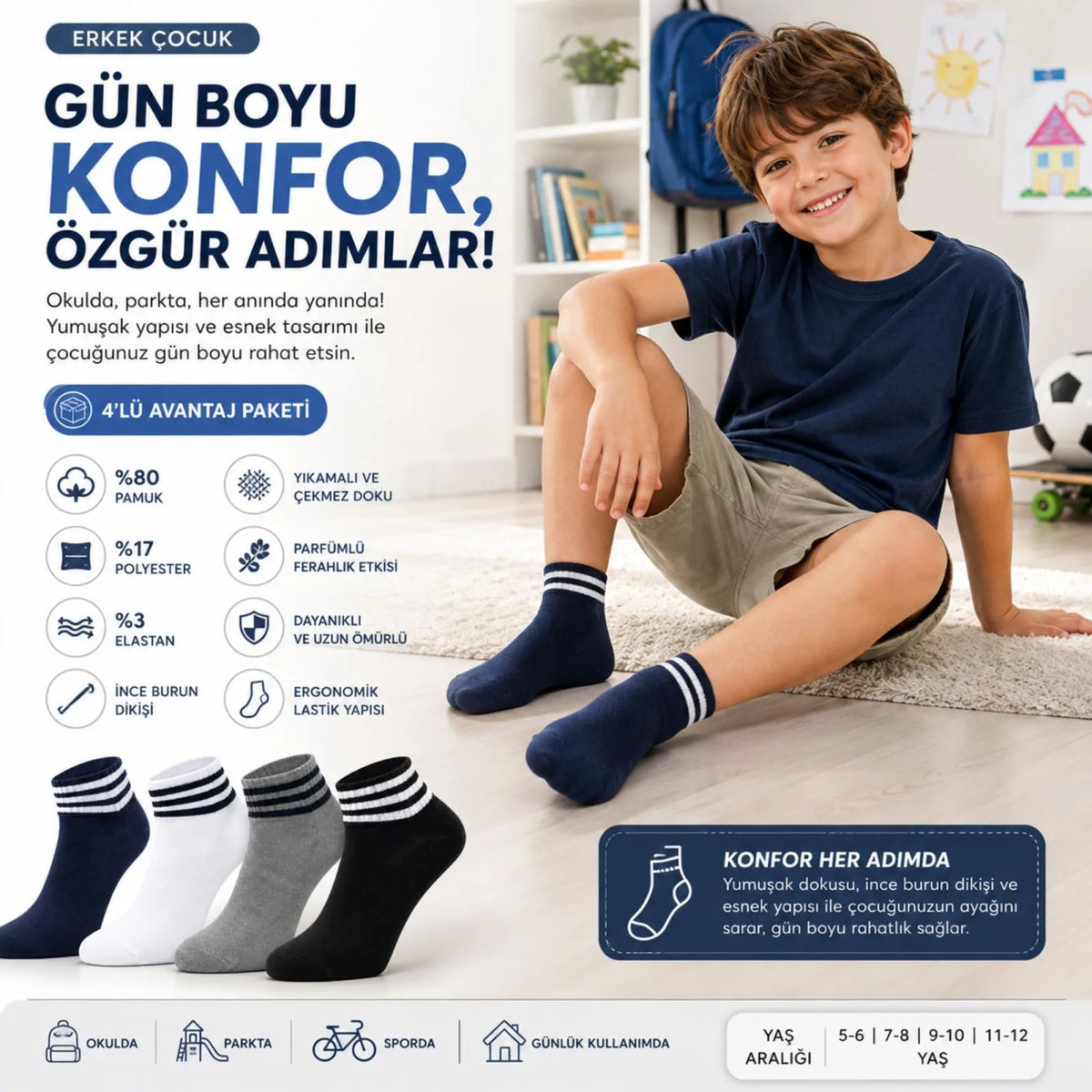 Erkek Çocuk Pamuklu Çizgili Patik Çorap 4'lü | Nefes Alan Esnek Okul Günlük Spor Çorabı