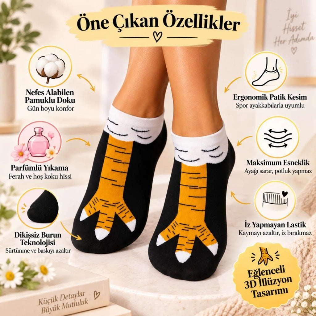 Kadın Tavuk Ayağı Desenli 3'lü Patik Çorap Dikişsiz Pamuklu Eğlenceli Sneaker Günlük Çorap