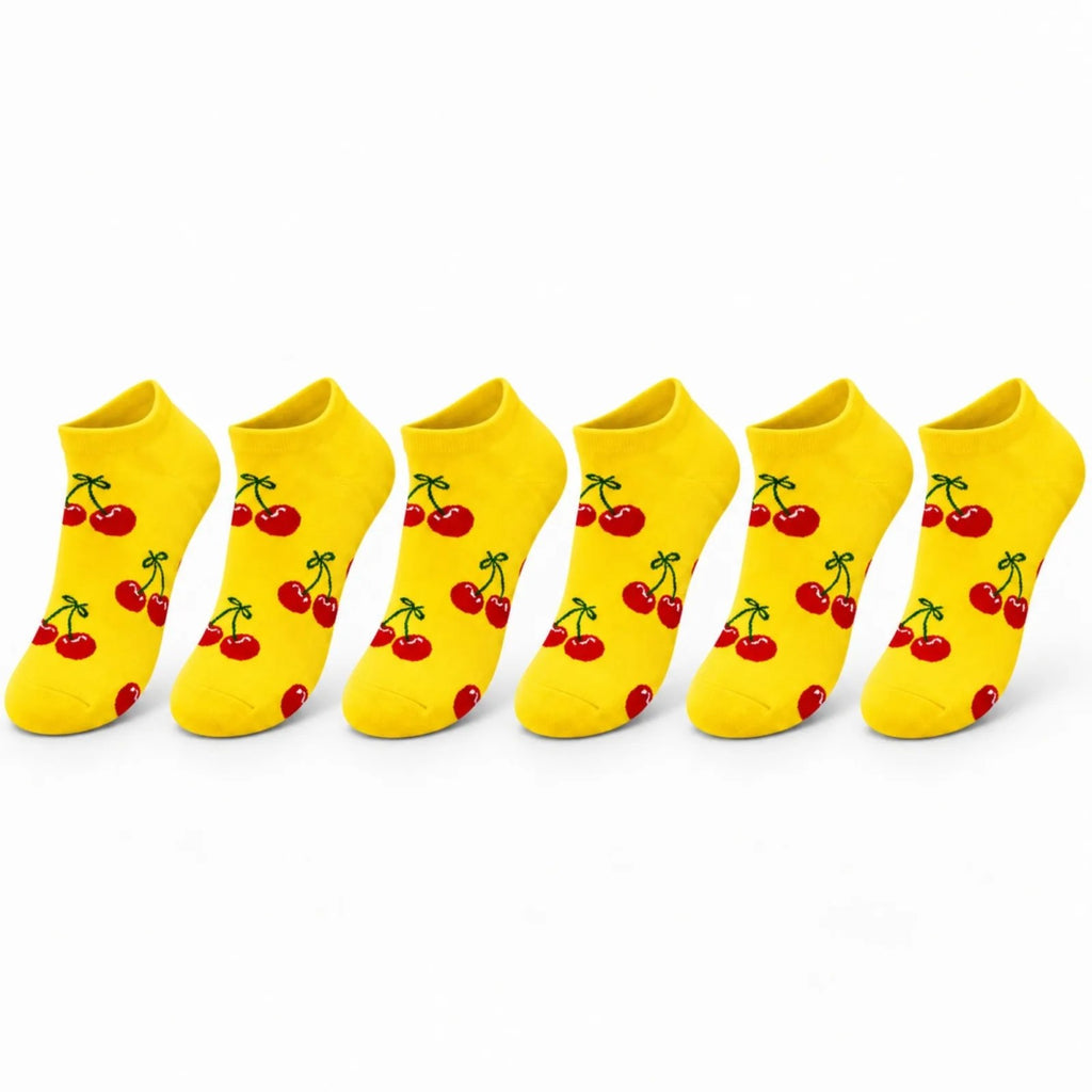 Kadın Kiraz 6'lı  Desenli Patik Çorap Sarı Pamuklu Dikişsiz Sneaker Uyumlu Eğlenceli Günlük Set