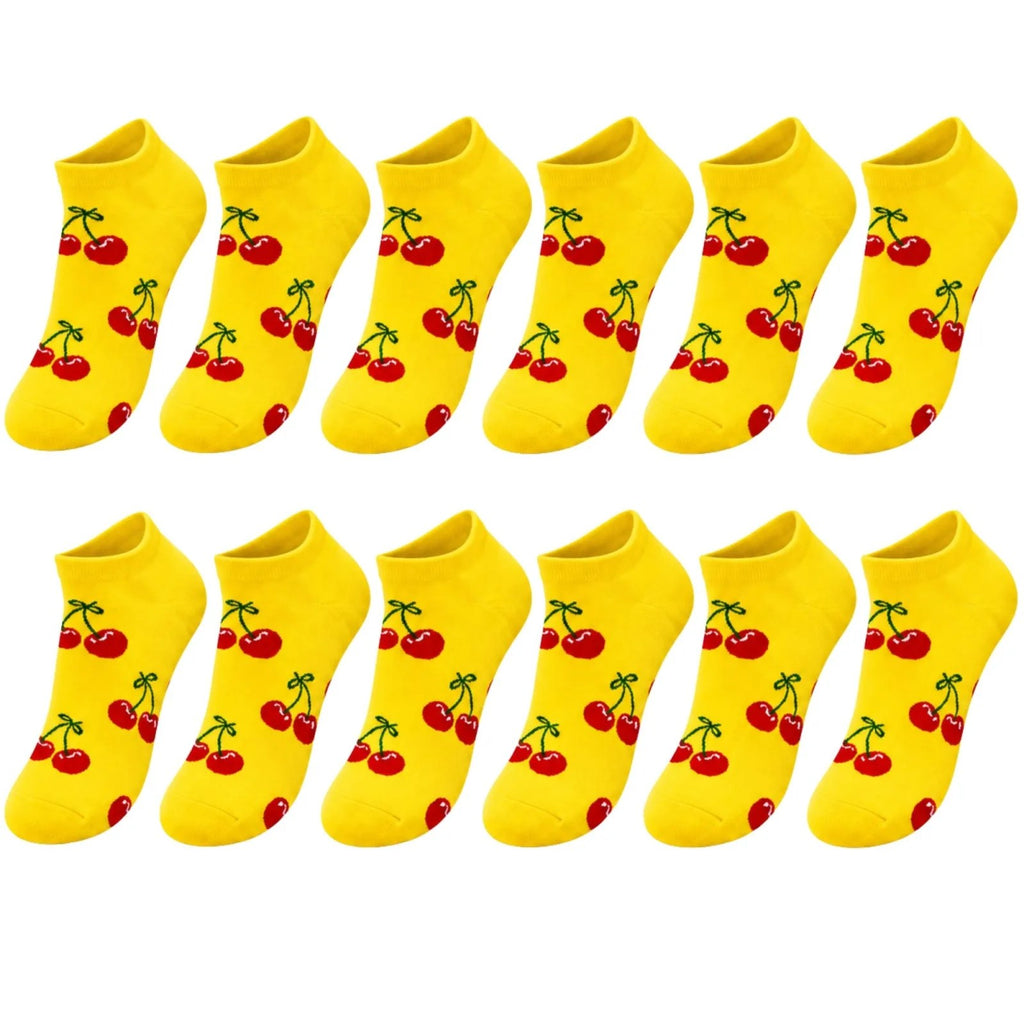 Kadın Kiraz 12'li Desenli Patik Çorap Sarı Pamuklu Dikişsiz Sneaker Uyumlu Eğlenceli Günlük Set