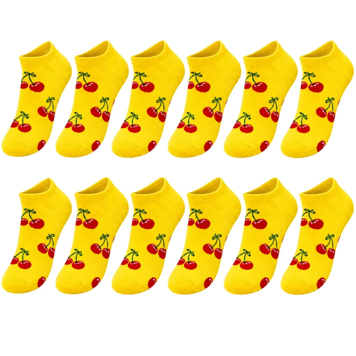 Kadın Kiraz 12'li Desenli Patik Çorap Sarı Pamuklu Dikişsiz Sneaker Uyumlu Eğlenceli Günlük Set