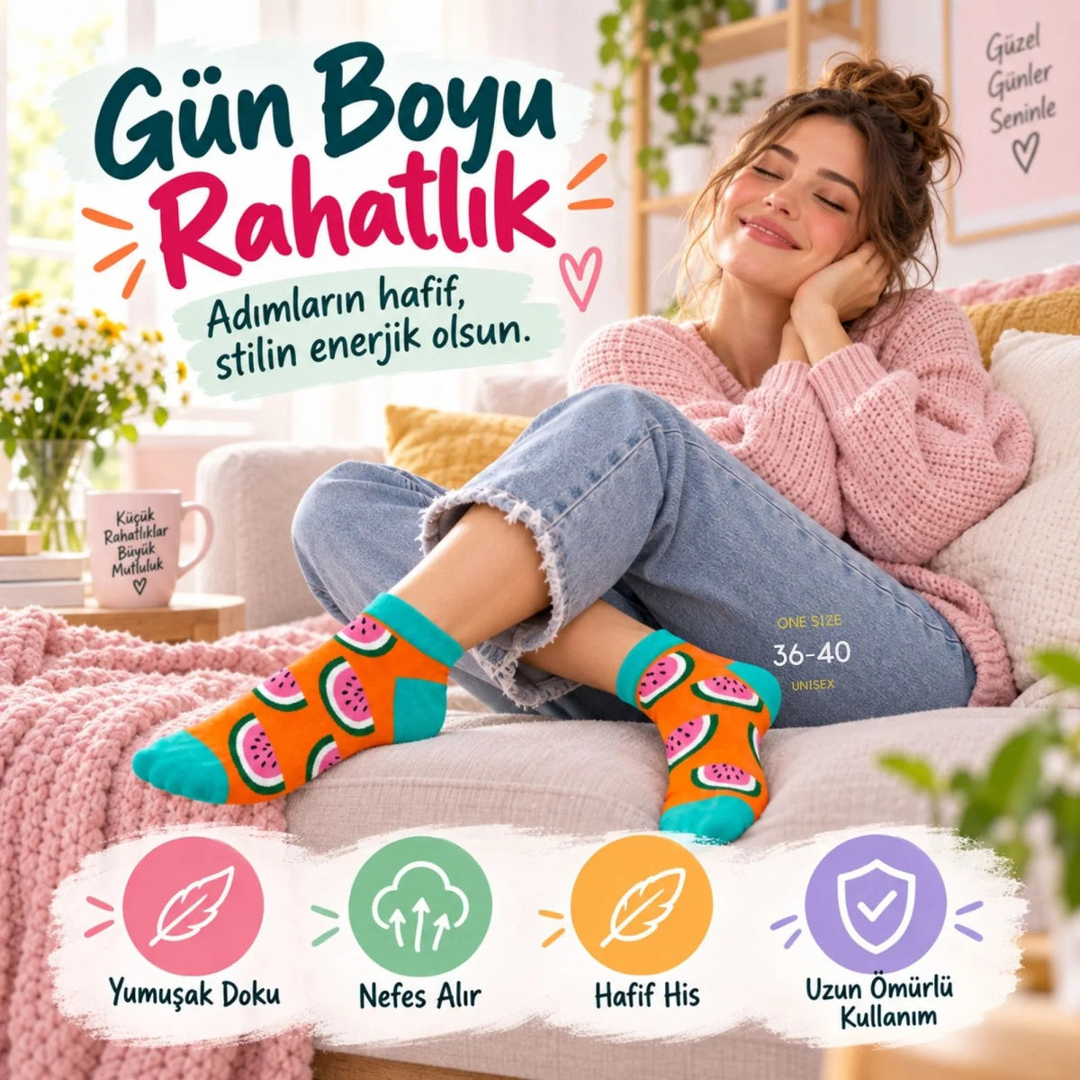 Kadın Turuncu Karpuz Desenli Patik Çorap 3'lü Paket | Renkli, Rahat ve Esnek Günlük Kısa Çorap