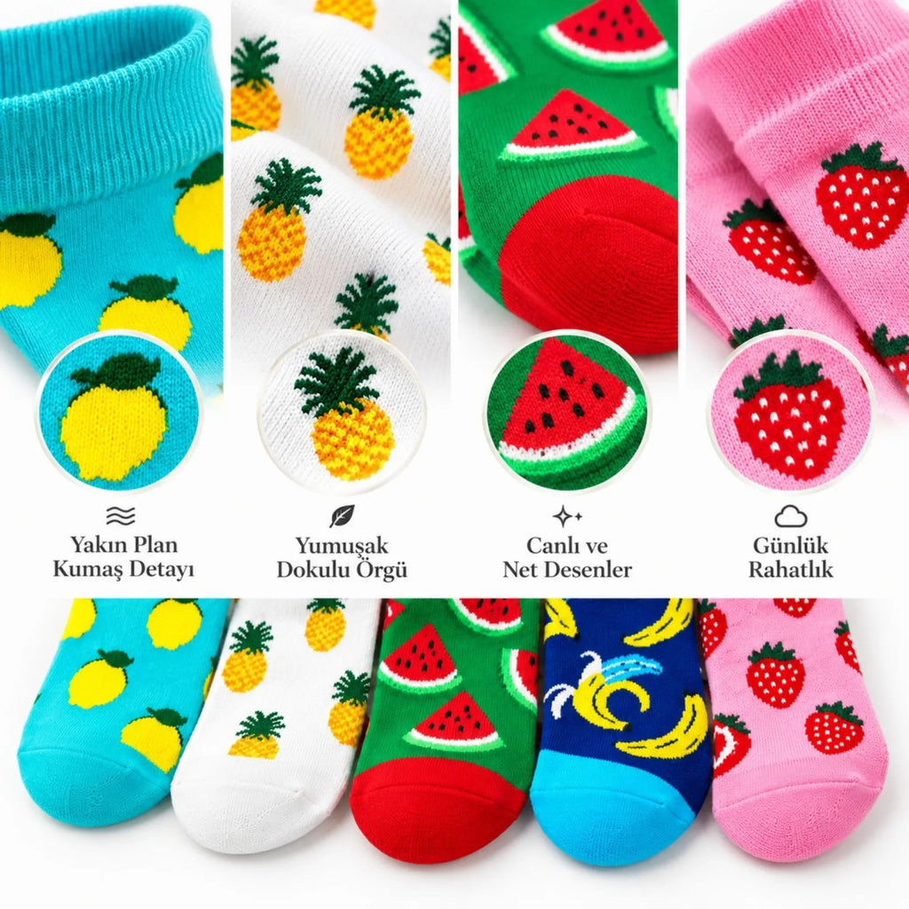Kadın Çorap Meyve Desenli Renkli 10 'lu Set Limon Ananas Karpuz Muz Çilek Uzun Soket Günlük Çorap Seti