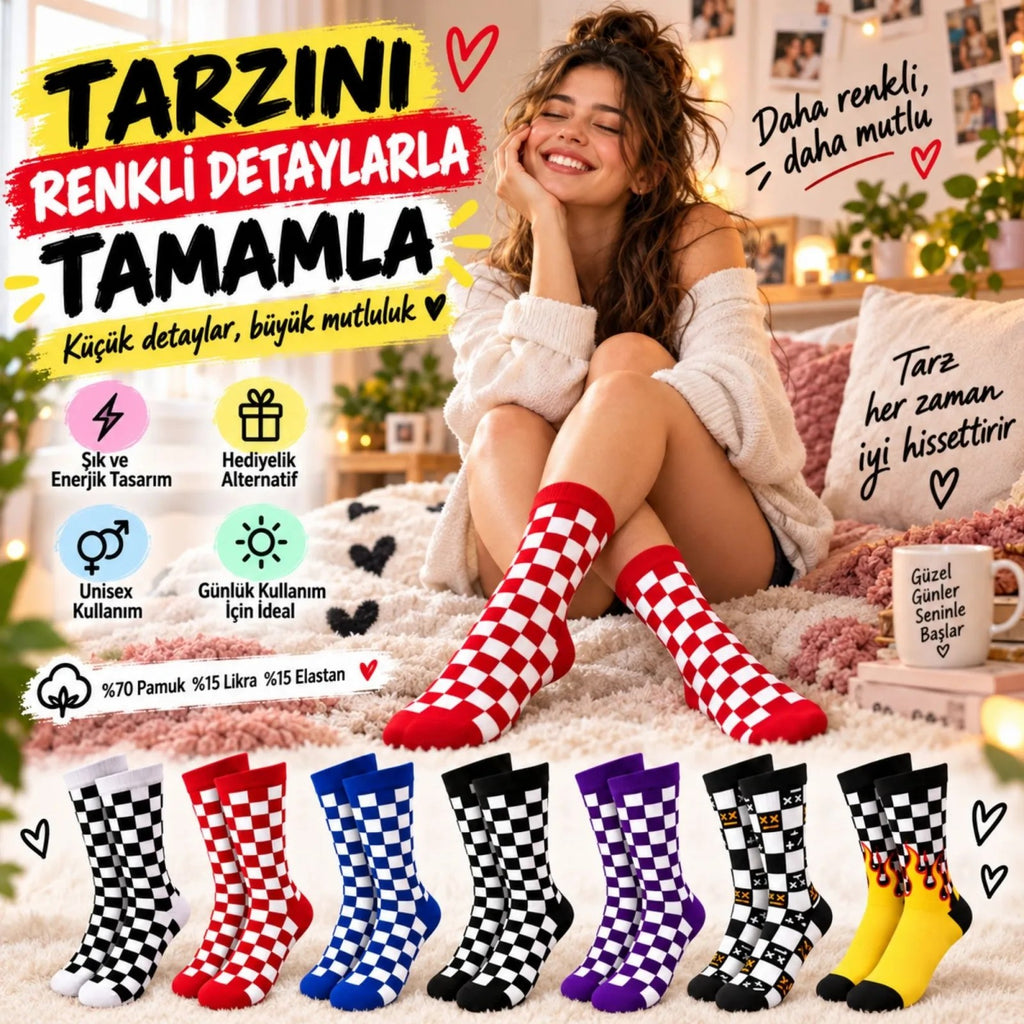 UNİSEX Çorap Dama Desenli Renkli 7'li Set Kareli Alev Desen Uzun Soket Günlük Spor Çorabı