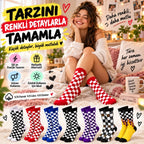 UNİSEX Çorap Dama Desenli Renkli 7'li Set Kareli Alev Desen Uzun Soket Günlük Spor Çorabı