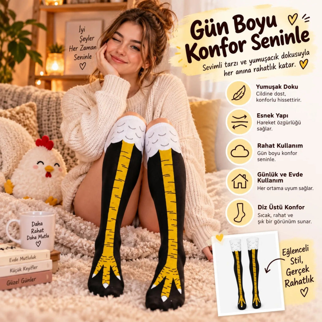Kadın Diz Üstü Tavuk Ayağı Desenli Çorap Siyah Sarı Uzun Eğlenceli Kostüm Parti Günlük Çorabı Modeli