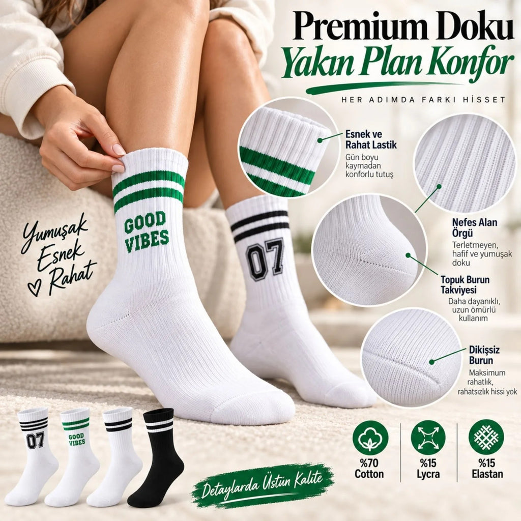 Unisex Çorap Çizgili 4'lü Set 07 Good Vibes Yazılı Siyah Beyaz Uzun Soket Spor Kolej Stil Rahat Şık