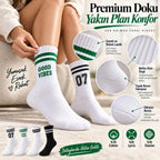 Unisex Çorap Çizgili 4'lü Set 07 Good Vibes Yazılı Siyah Beyaz Uzun Soket Spor Kolej Stil Rahat Şık