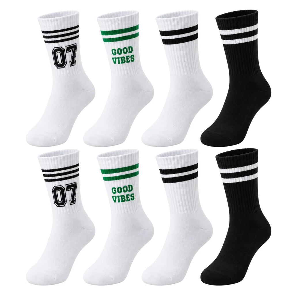 Unisex Çorap Çizgili 8'li Set 07 Good Vibes yazılı Siyah Beyaz Uzun Soket Spor Kolej Stil Çorap