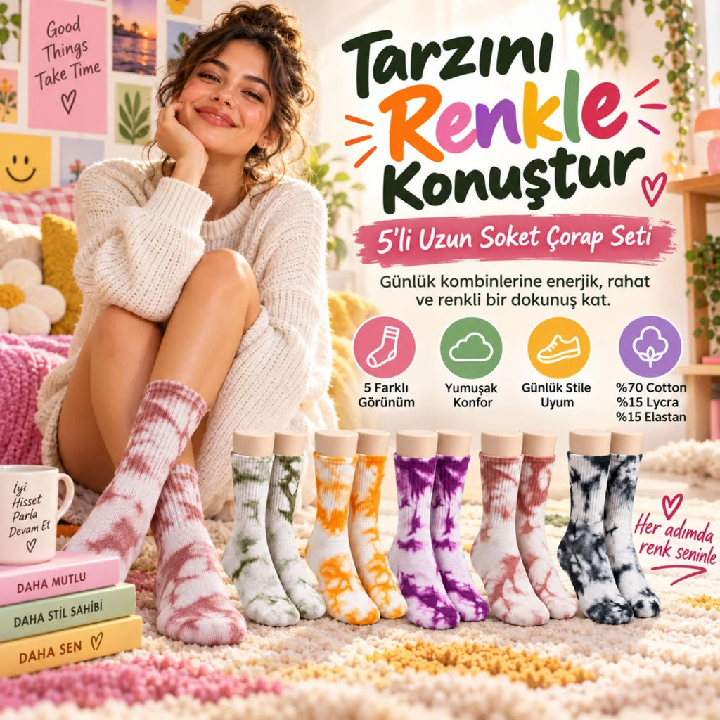 Unisex Batik Desenli Çorap 5'li Set Renkli Pamuklu Uzun Soket Dikişsiz Nefes Alan Günlük Spor Çorabı