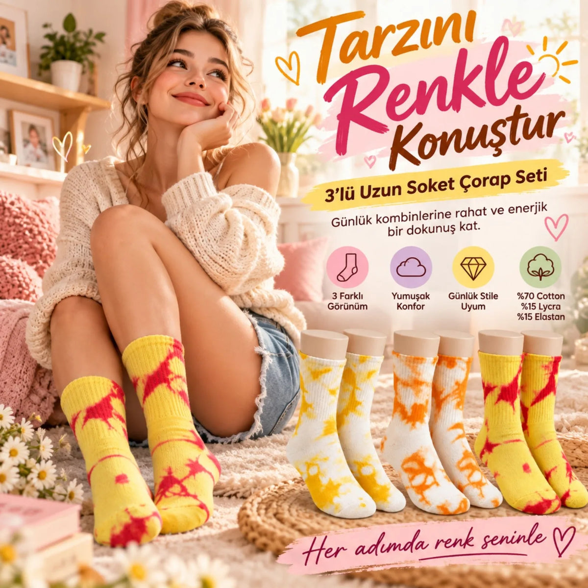 Unisex Batik Desenli Çorap 3'lü Set Pamuklu Renkli Uzun Soket Dikişsiz Nefes Alan Günlük Spor Çorabı