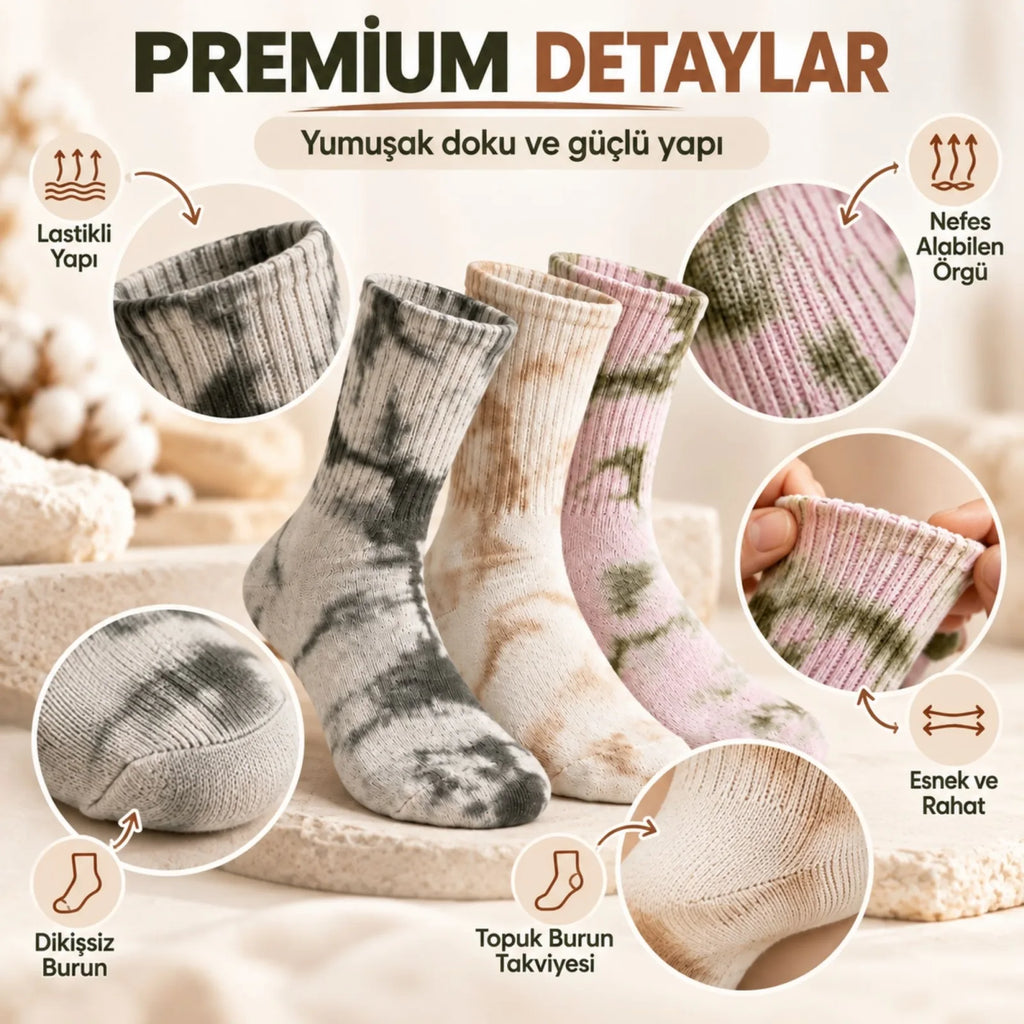Unisex Batik Desenli Çorap 3'lü Set Pamuklu Uzun Soket Dikişsiz Nefes Alan Günlük Spor Konfor Çorabı