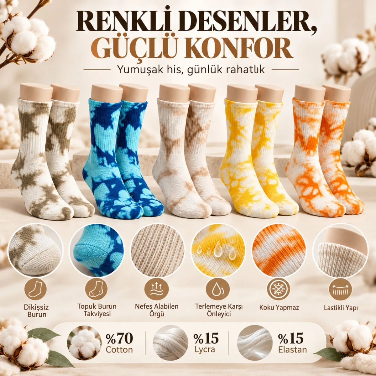 Unisex Batik Desenli Çorap 5'li Set Pamuklu Renkli Uzun Soket Dikişsiz Nefes Alan Günlük Spor Çorabı