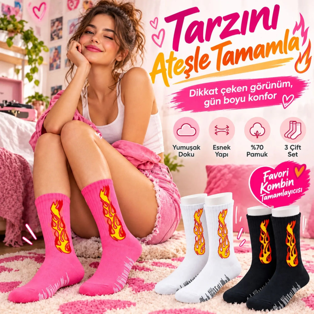 Unisex Alev Desenli Çorap 3'lü Set Pamuklu Uzun Soket Dikişsiz Nefes Alan Günlük Spor Çorabı Yumuşak