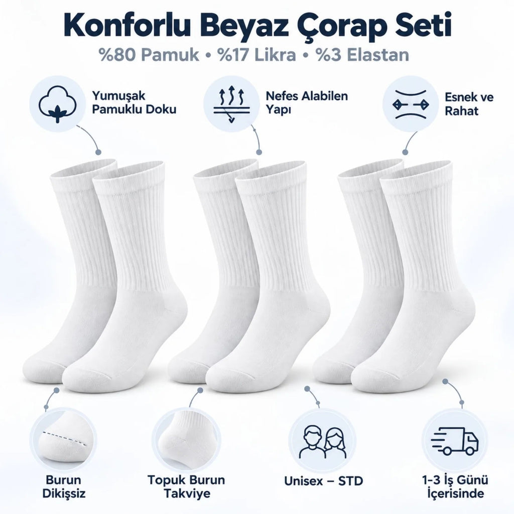 Unisex Basic Siyah Beyaz Soket Çorap 6'lı Set Kadın Erkek Spor Günlük Uzun Ribanalı Rahat Çorap Set