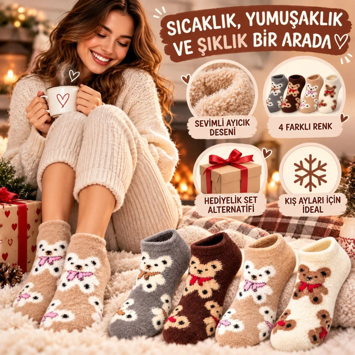 Kadın Ayıcık Desenli Yumoş Patik Çorap 4'lü Set Peluş Yumuşak Sıcak Parfümlü Kışlık Rahat Çorap Seti