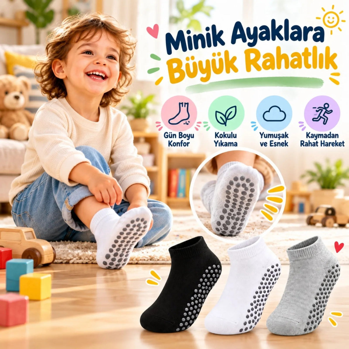 Çocuk Kaydırmaz Tabanlı Patik Çorap 3'lü Set Siyah Beyaz Gri Yumuşak Esnek Kokulu Günlük Çorap Rahat