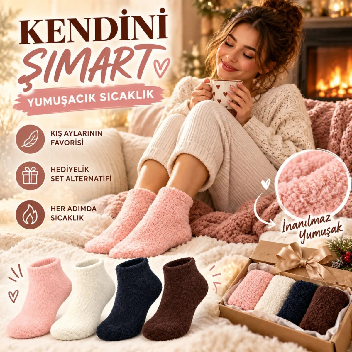 Kadın Yumoş Patik Çorap 4'lü Set Peluş Sıcak Tutan Kışlık Ev Çorabı Yumuşak Rahat 4 Renk Hediye Seti
