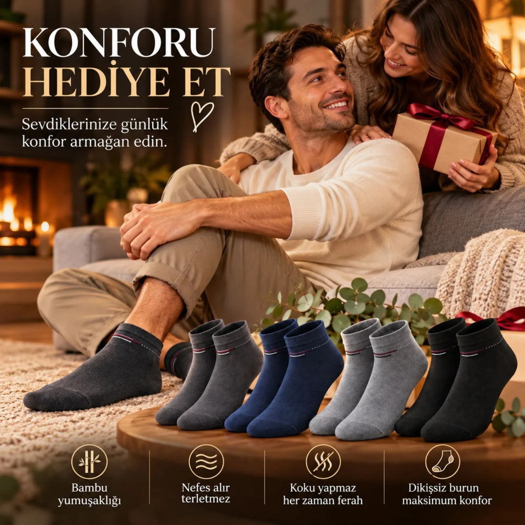 Erkek Bambu Patik Çorap 4'lü Set Yumuşak Dikişsiz Nefes Alan Sıkmayan Lastikli Günlük Rahat Çorap