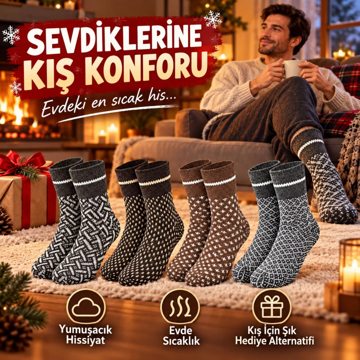 Erkek Kışlık Desenli Çorap 4'lü Seti Sıcak Tutan Yumuşak Rahat Günlük Renkli Uzun Soket Çorap Paketi