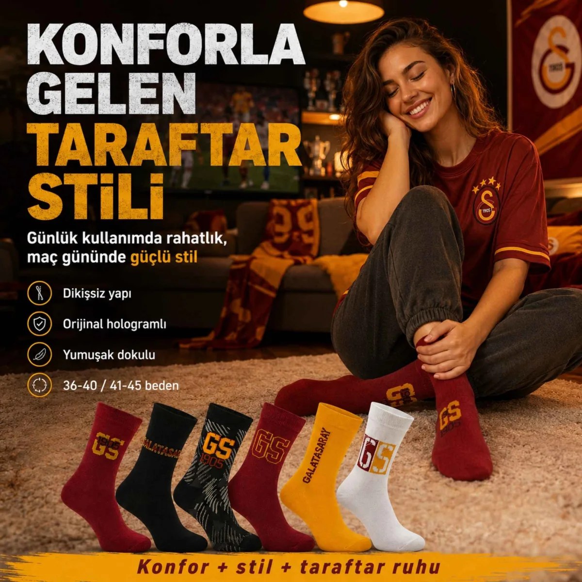 Galatasaray Lisanslı Yetişkin Çorap 6’lı Set – Kadın Erkek GS Taraftar Çorabı, Dikişsiz ve Esnek