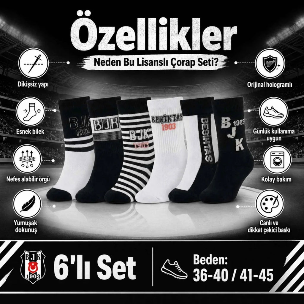 Beşiktaş Taraftar Çorabı 6’lı Set – Siyah Beyaz BJK 1903 Desenli Yetişkin Günlük Çorap