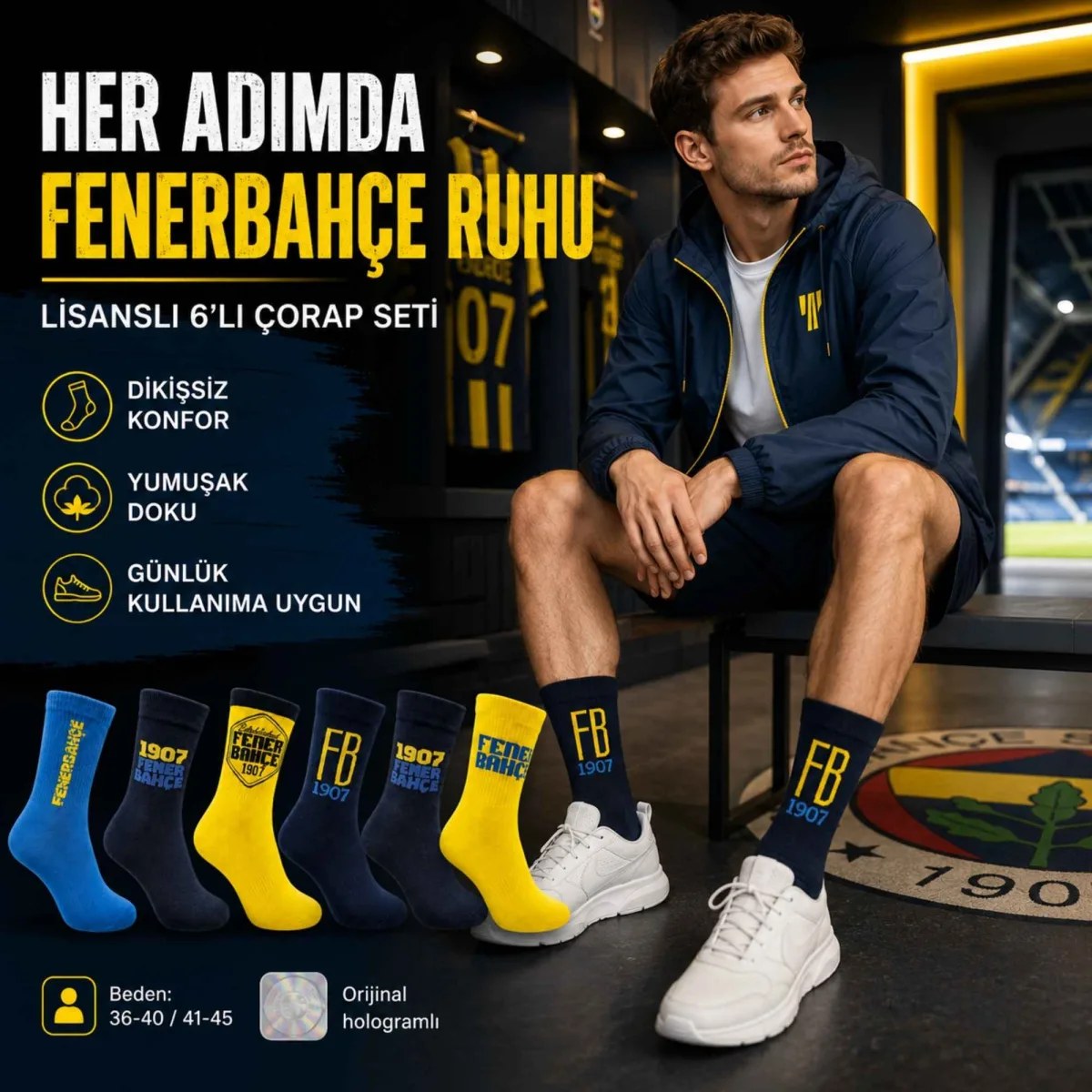 Fenerbahçe Taraftar Çorabı 6’lı Set – Sarı Lacivert FB 1907 Desenli Yetişkin Günlük Çorap