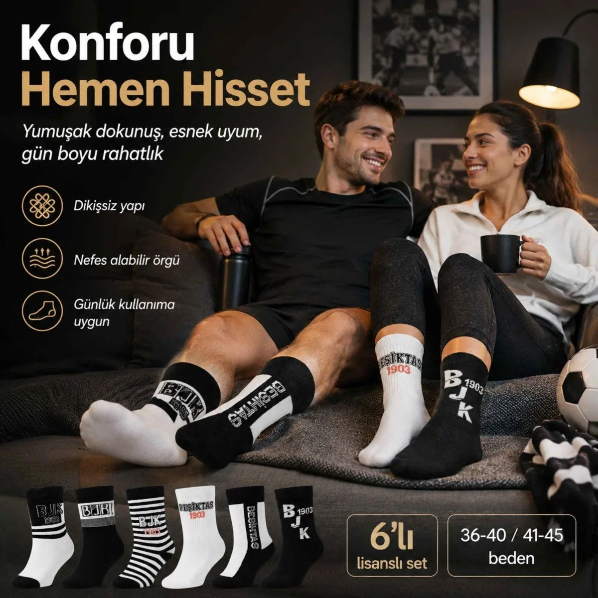 Beşiktaş Taraftar Çorabı 6’lı Set – Siyah Beyaz BJK 1903 Desenli Yetişkin Günlük Çorap