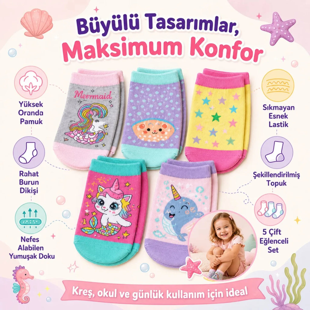 5’li Kız Çocuk Çorap Seti Deniz Kızı Unicorn Desenli Pamuklu Rahat Burunlu Renkli