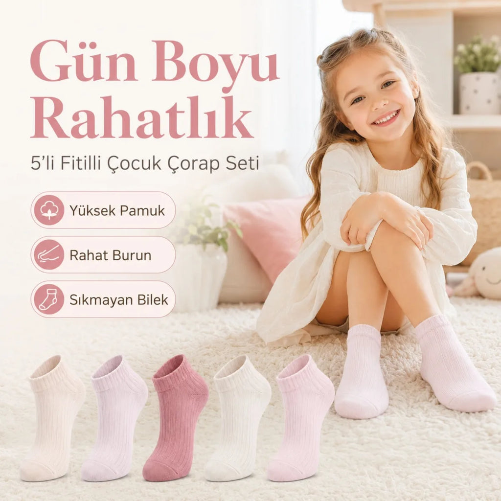 5’li Fitilli Kız Çocuk Çorap Seti Pamuklu Rahat Burunlu Sıkmayan Bilek Pastel Renkli