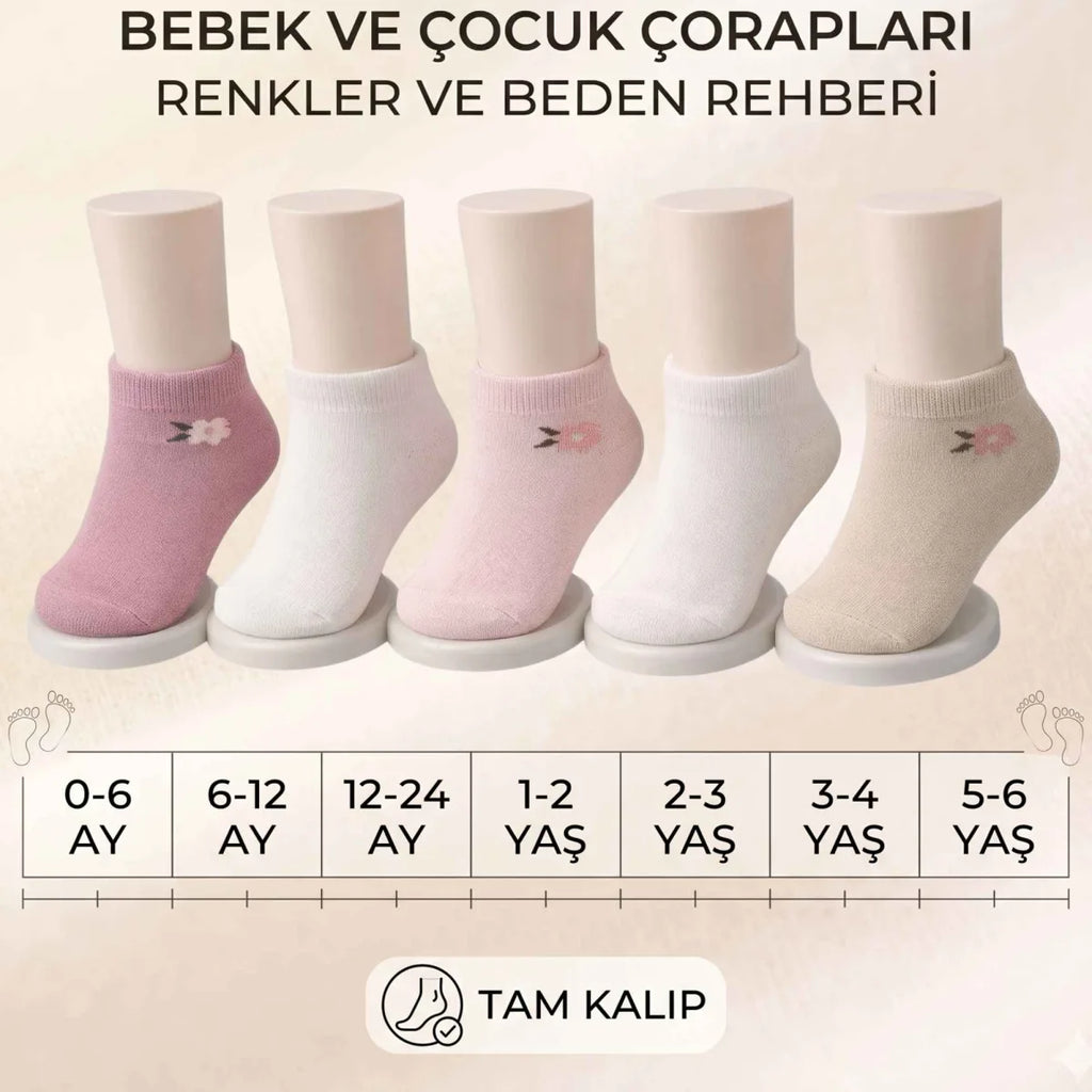 Bebek ve Kız Çocuk Pamuklu Patik Çorap 5’li Set | %88 Pamuk, İnce Burun Dikişli, Yumuşak ve Rahat, 0-12 Ay – 5-6 Yaş