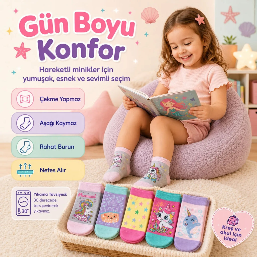 5’li Kız Çocuk Çorap Seti Deniz Kızı Unicorn Desenli Pamuklu Rahat Burunlu Renkli