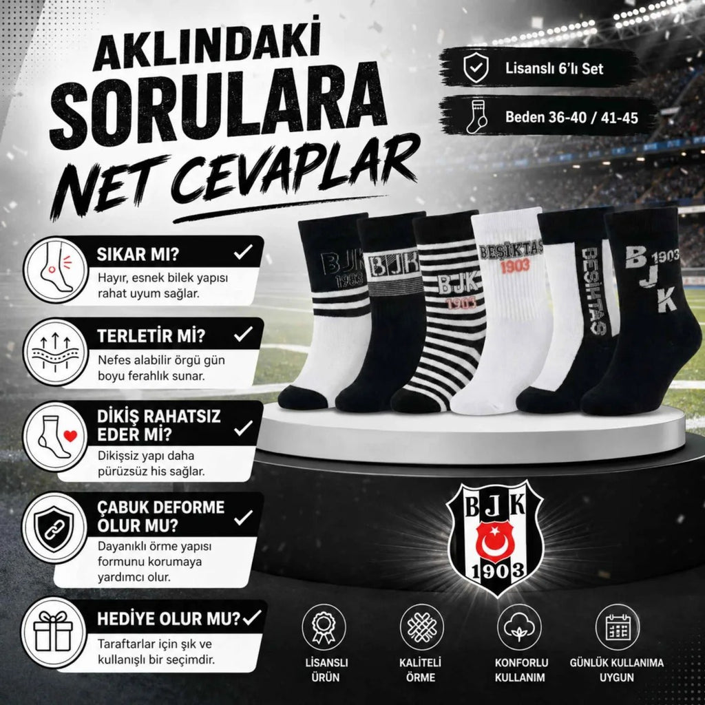 Beşiktaş Taraftar Çorabı 6’lı Set – Siyah Beyaz BJK 1903 Desenli Yetişkin Günlük Çorap